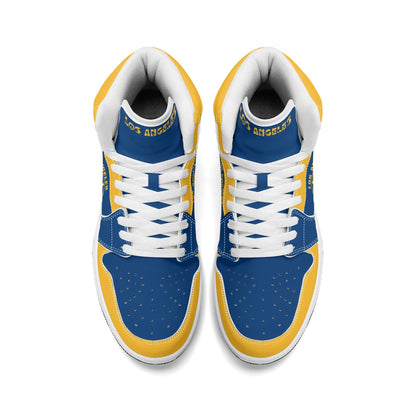 Los Angeles football-inspired high top sneakers in blue with all-over city graphic printed upper