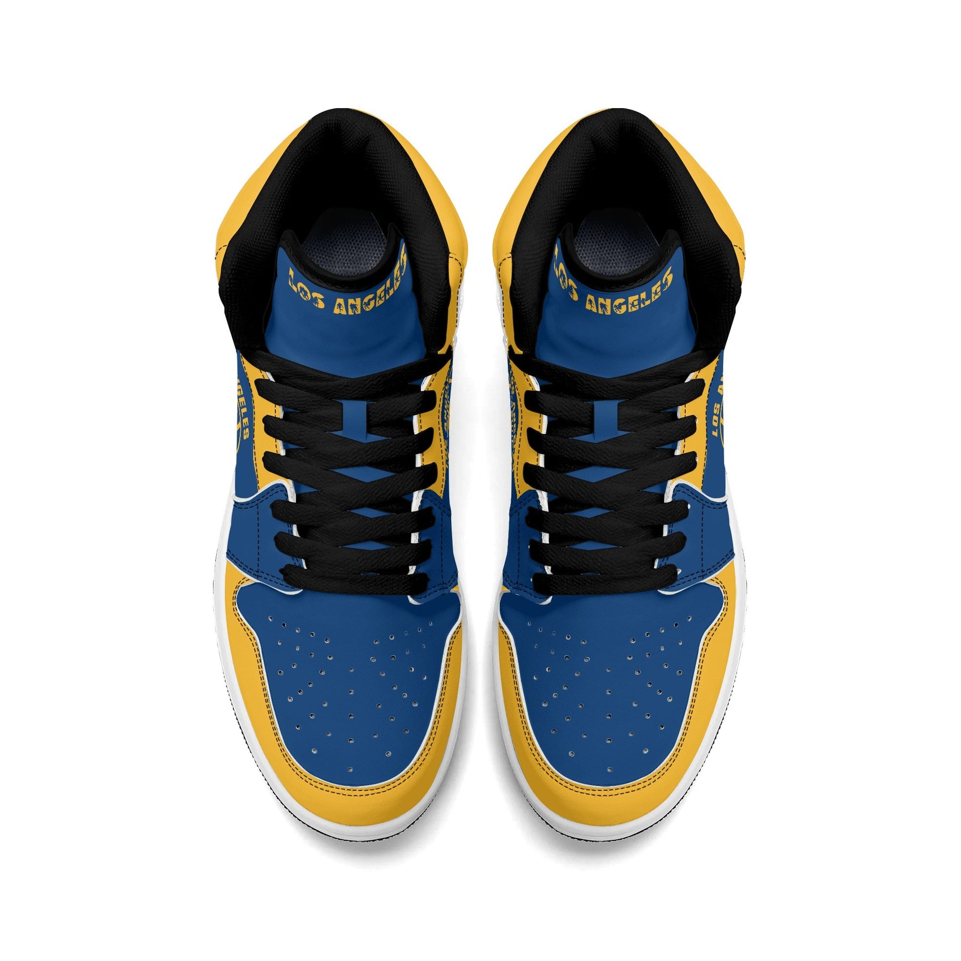 Los Angeles football-inspired high top sneakers in blue with all-over city graphic printed upper