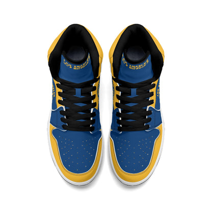 Los Angeles football-inspired high top sneakers in blue with all-over city graphic printed upper