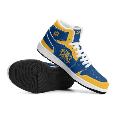Los Angeles football-inspired high top sneakers in blue with all-over city graphic printed upper