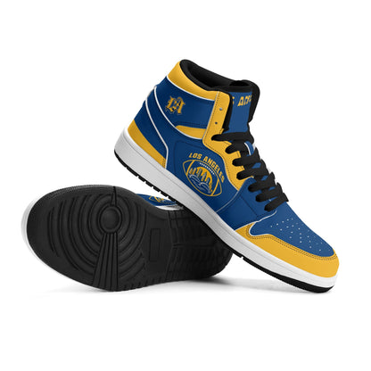 Los Angeles football-inspired high top sneakers in blue with all-over city graphic printed upper