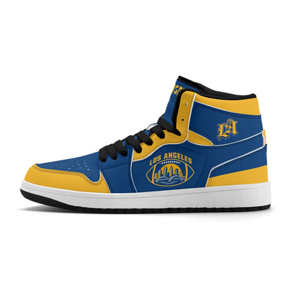 Los Angeles football-inspired high top sneakers in blue with all-over city graphic printed upper