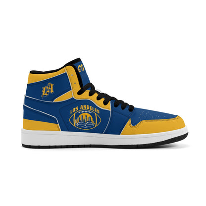 Los Angeles football-inspired high top sneakers in blue with all-over city graphic printed upper