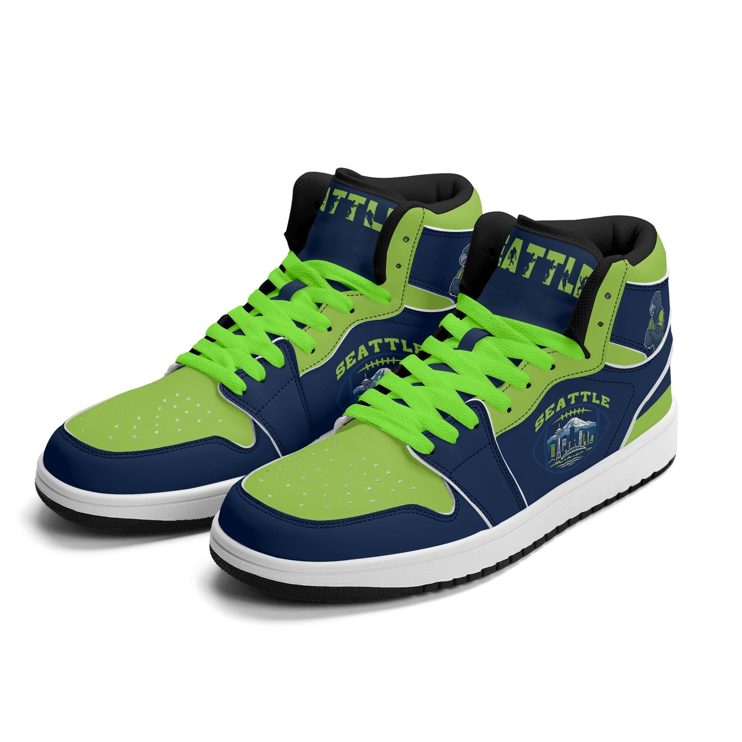 Seattle football-inspired high top sneakers in navy with all-over city graphic printed upper