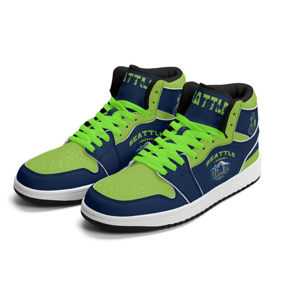 Seattle football-inspired high top sneakers in navy with all-over city graphic printed upper