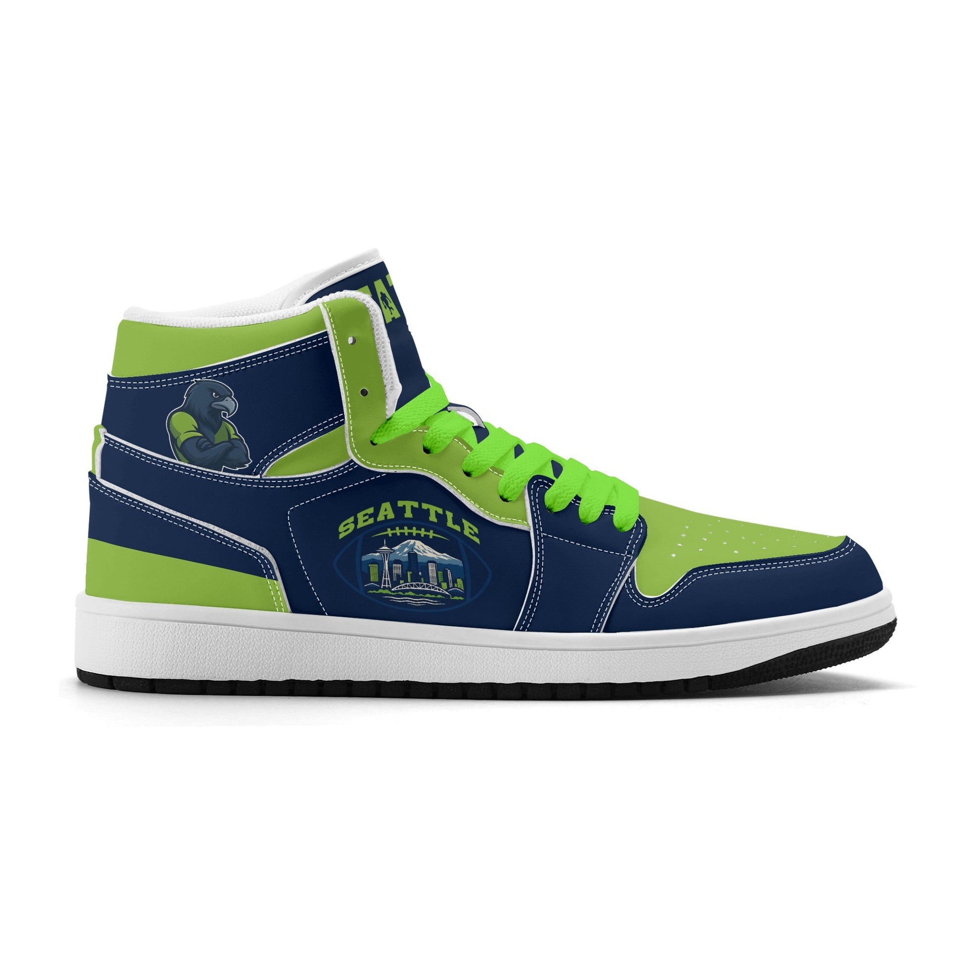 Seattle football-inspired high top sneakers in navy with all-over city graphic printed upper