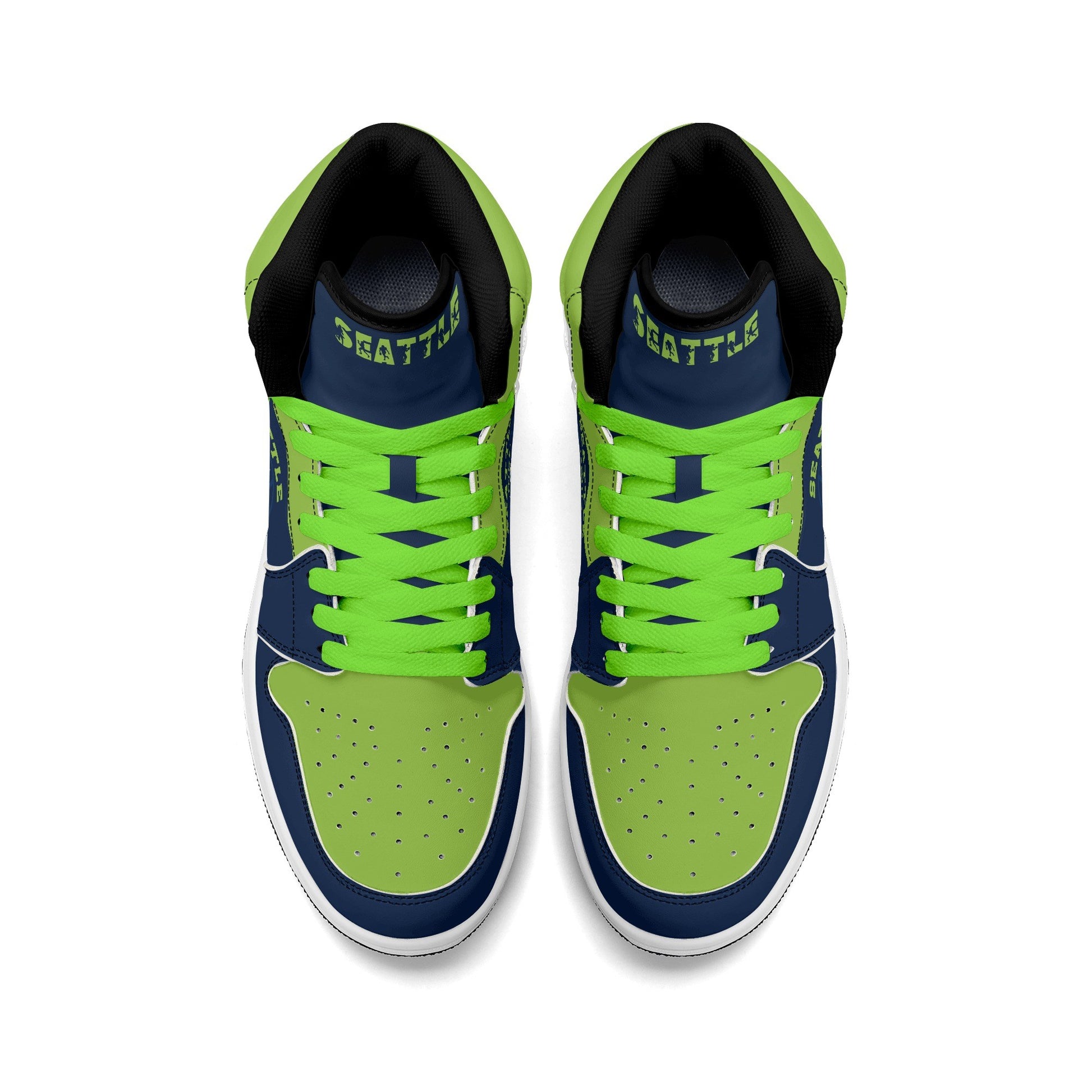 Seattle football-inspired high top sneakers in navy with all-over city graphic printed upper
