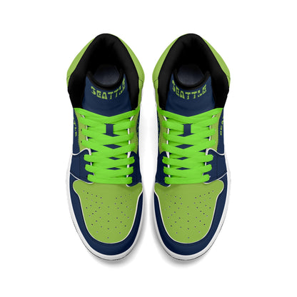 Seattle football-inspired high top sneakers in navy with all-over city graphic printed upper