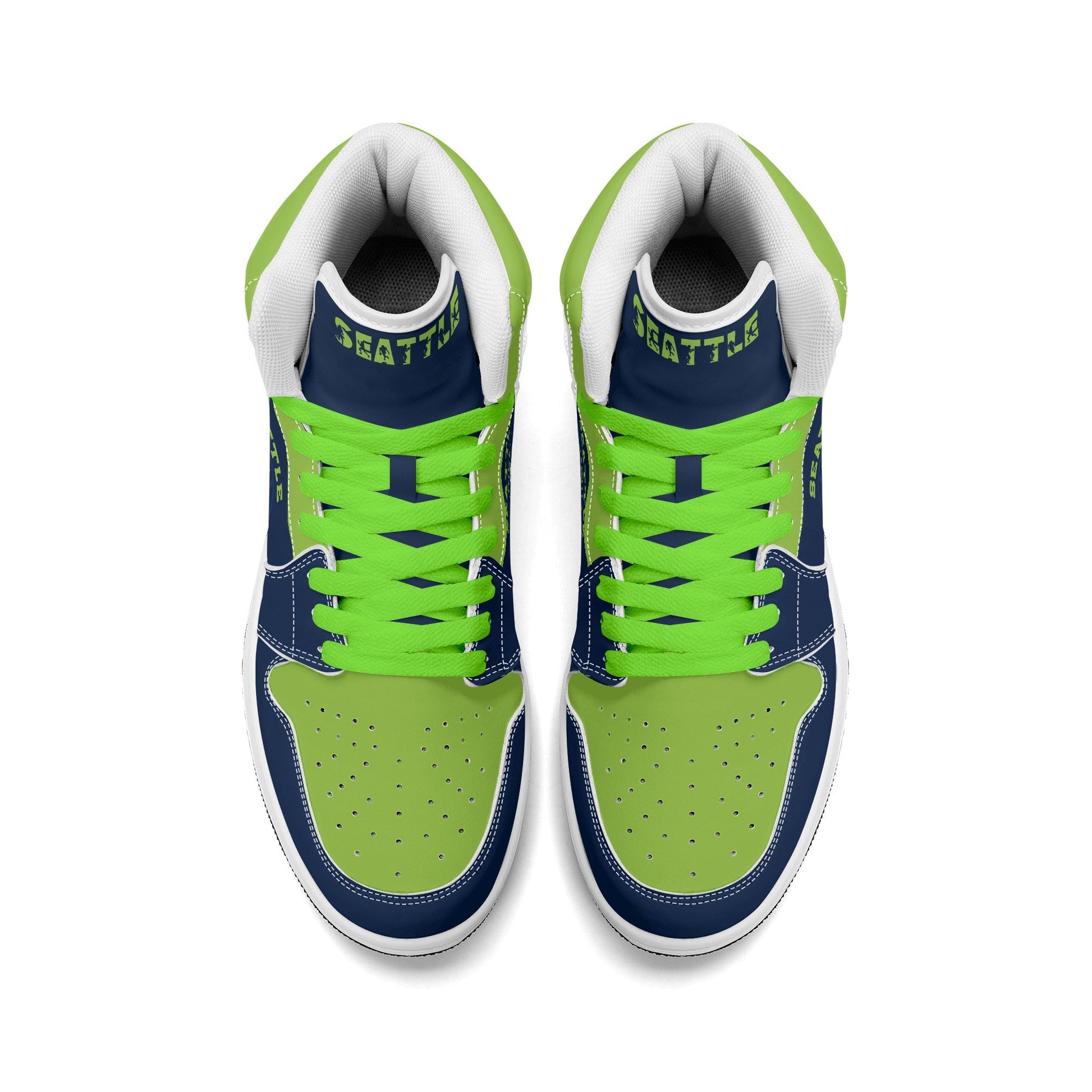 Seattle football-inspired high top sneakers in navy with all-over city graphic printed upper