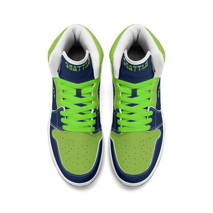 Seattle football-inspired high top sneakers in navy with all-over city graphic printed upper