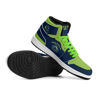 Seattle football-inspired high top sneakers in navy with all-over city graphic printed upper