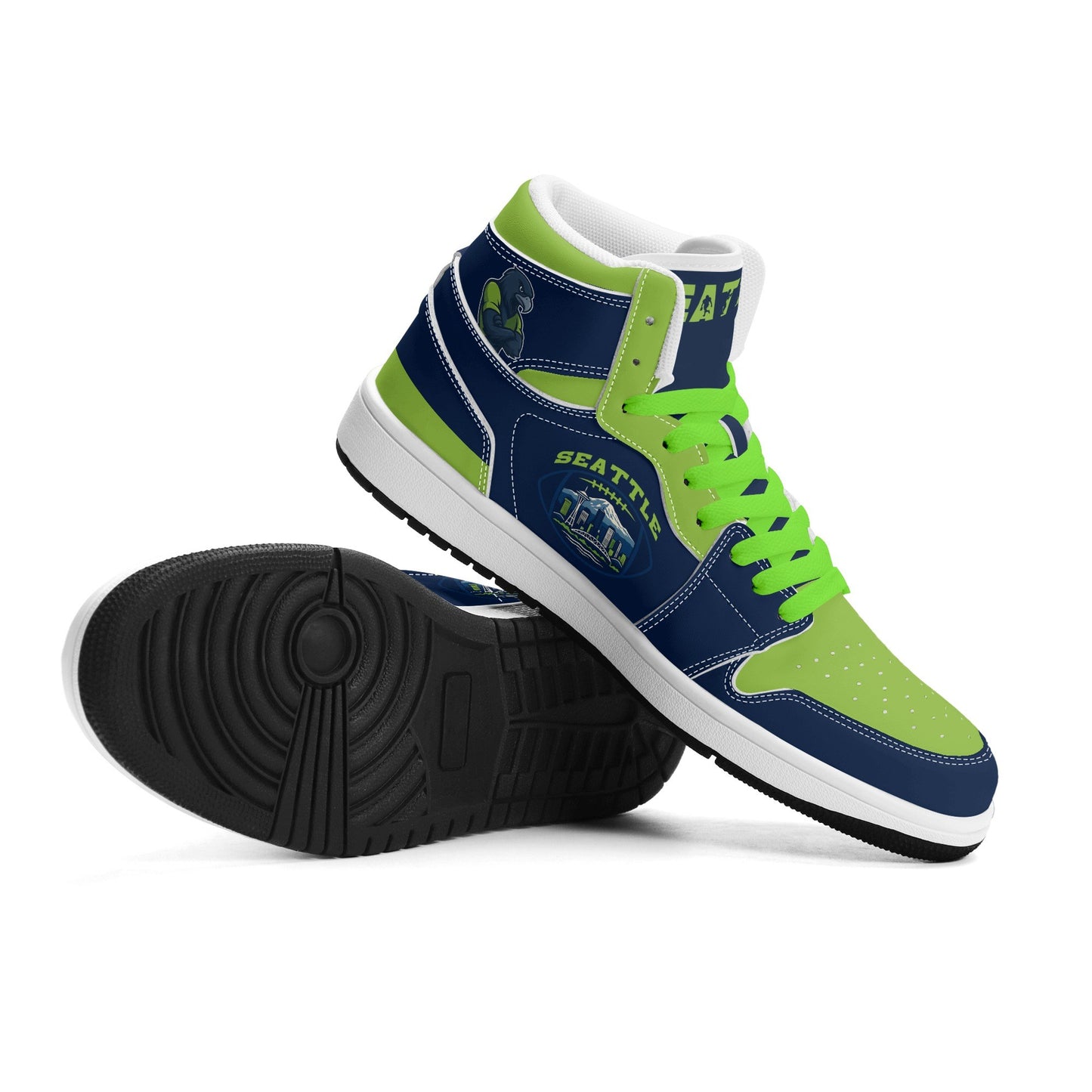 Seattle football-inspired high top sneakers in navy with all-over city graphic printed upper