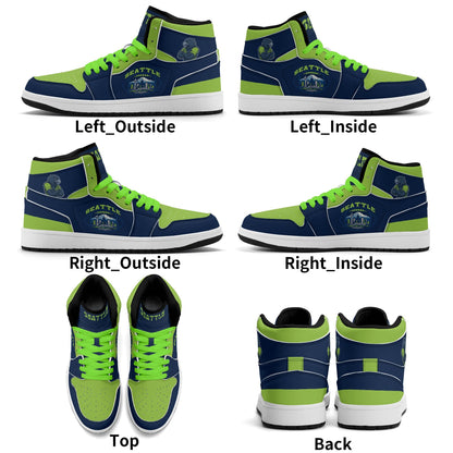 Seattle football-inspired high top sneakers in navy with all-over city graphic printed upper