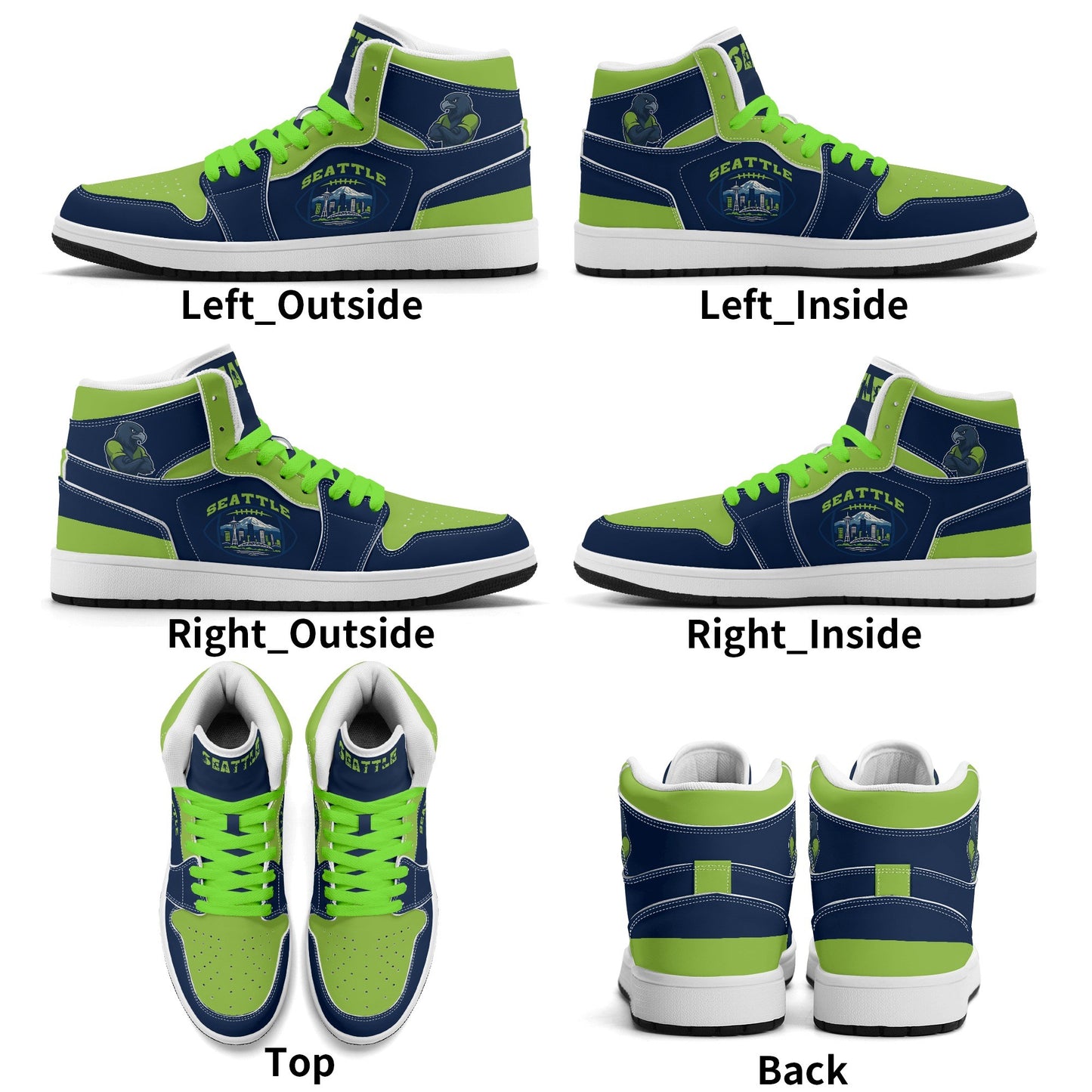 Seattle football-inspired high top sneakers in navy with all-over city graphic printed upper