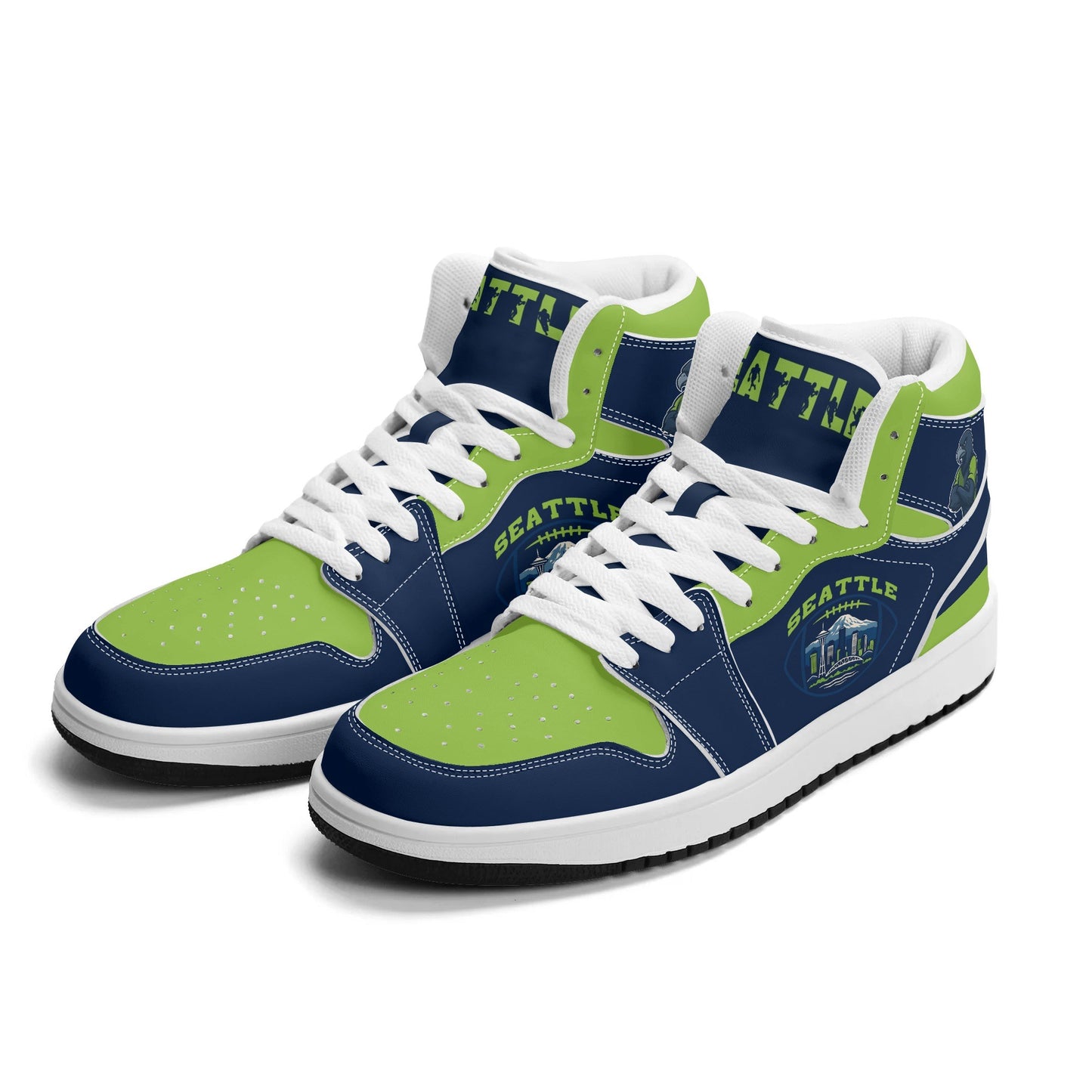 Seattle football-inspired high top sneakers in navy with all-over city graphic printed upper