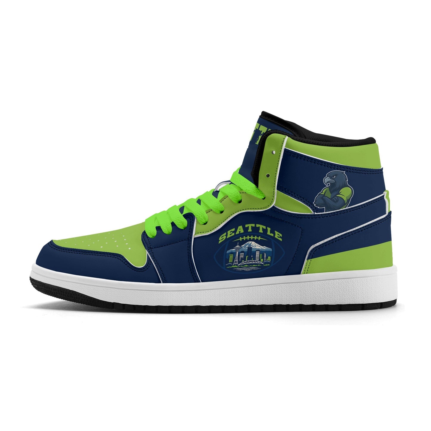 Seattle football-inspired high top sneakers in navy with all-over city graphic printed upper