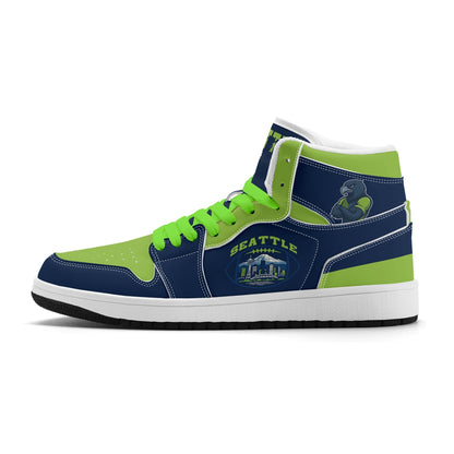 Seattle football-inspired high top sneakers in navy with all-over city graphic printed upper
