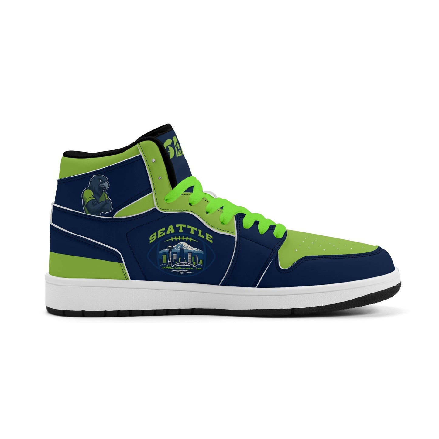 Seattle football-inspired high top sneakers in navy with all-over city graphic printed upper