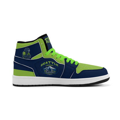 Seattle football-inspired high top sneakers in navy with all-over city graphic printed upper