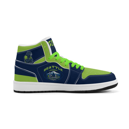 Seattle football-inspired high top sneakers in navy with all-over city graphic printed upper