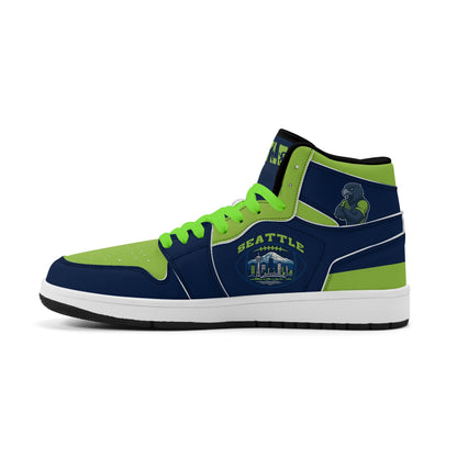 Seattle football-inspired high top sneakers in navy with all-over city graphic printed upper