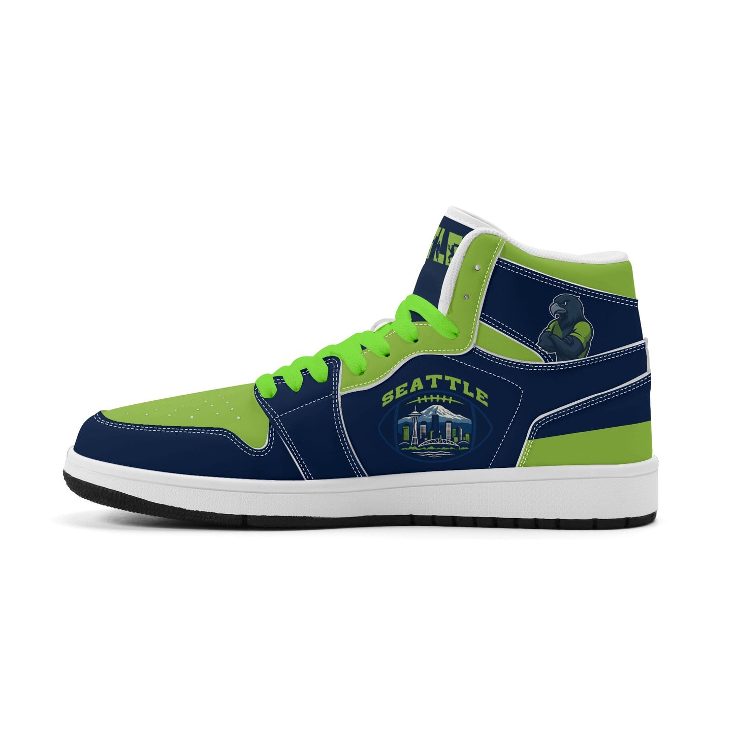 Seattle football-inspired high top sneakers in navy with all-over city graphic printed upper