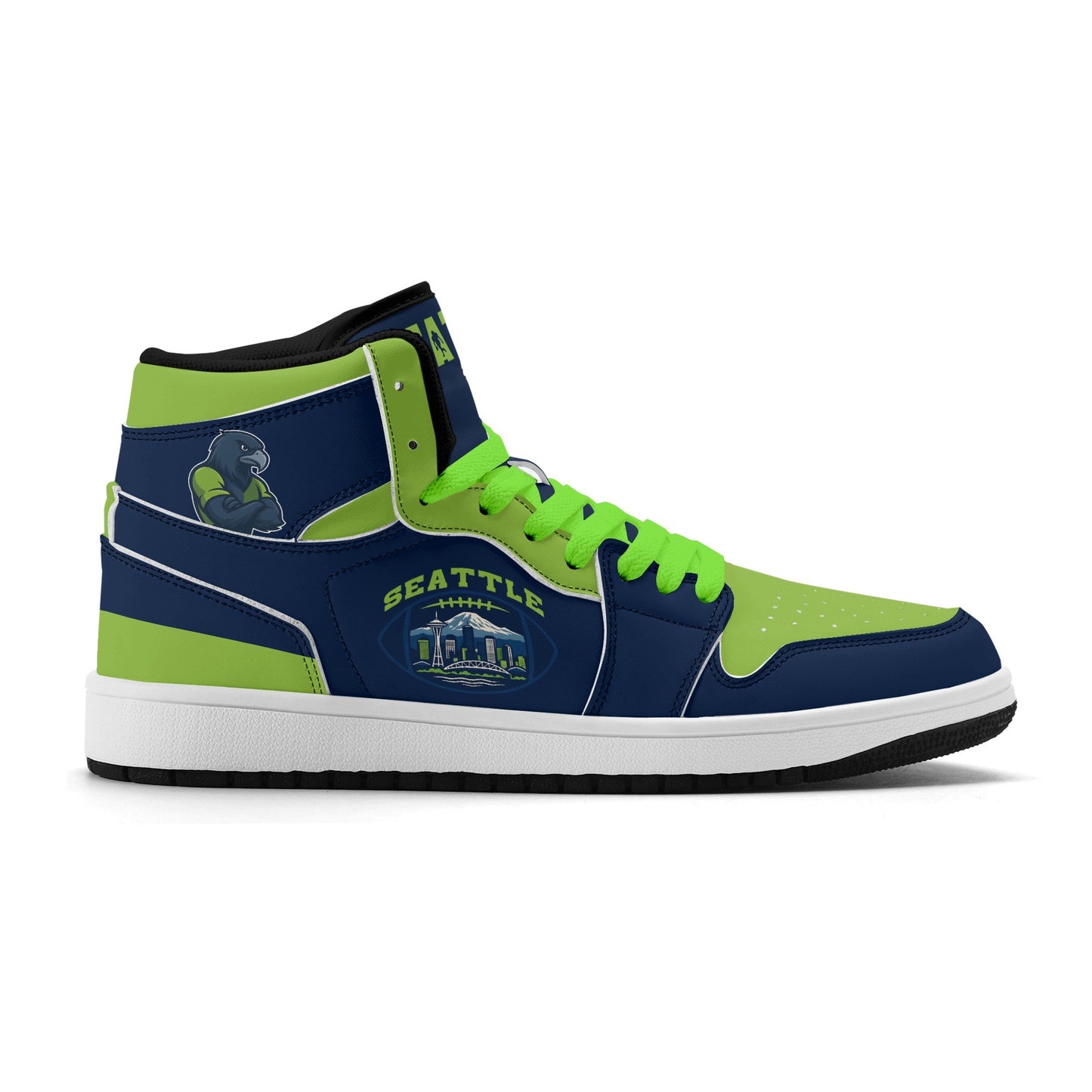Seattle football-inspired high top sneakers in navy with all-over city graphic printed upper