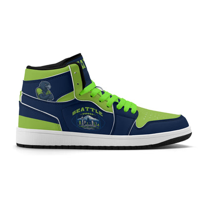 Seattle football-inspired high top sneakers in navy with all-over city graphic printed upper