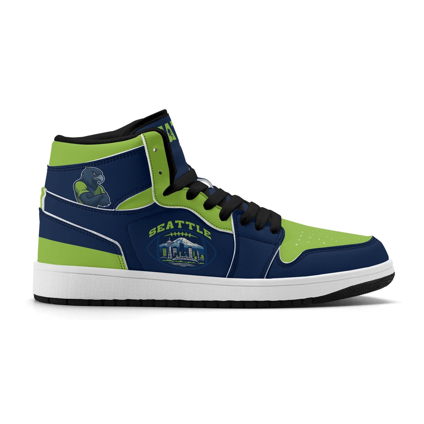 Seattle football-inspired high top sneakers in navy with all-over city graphic printed upper