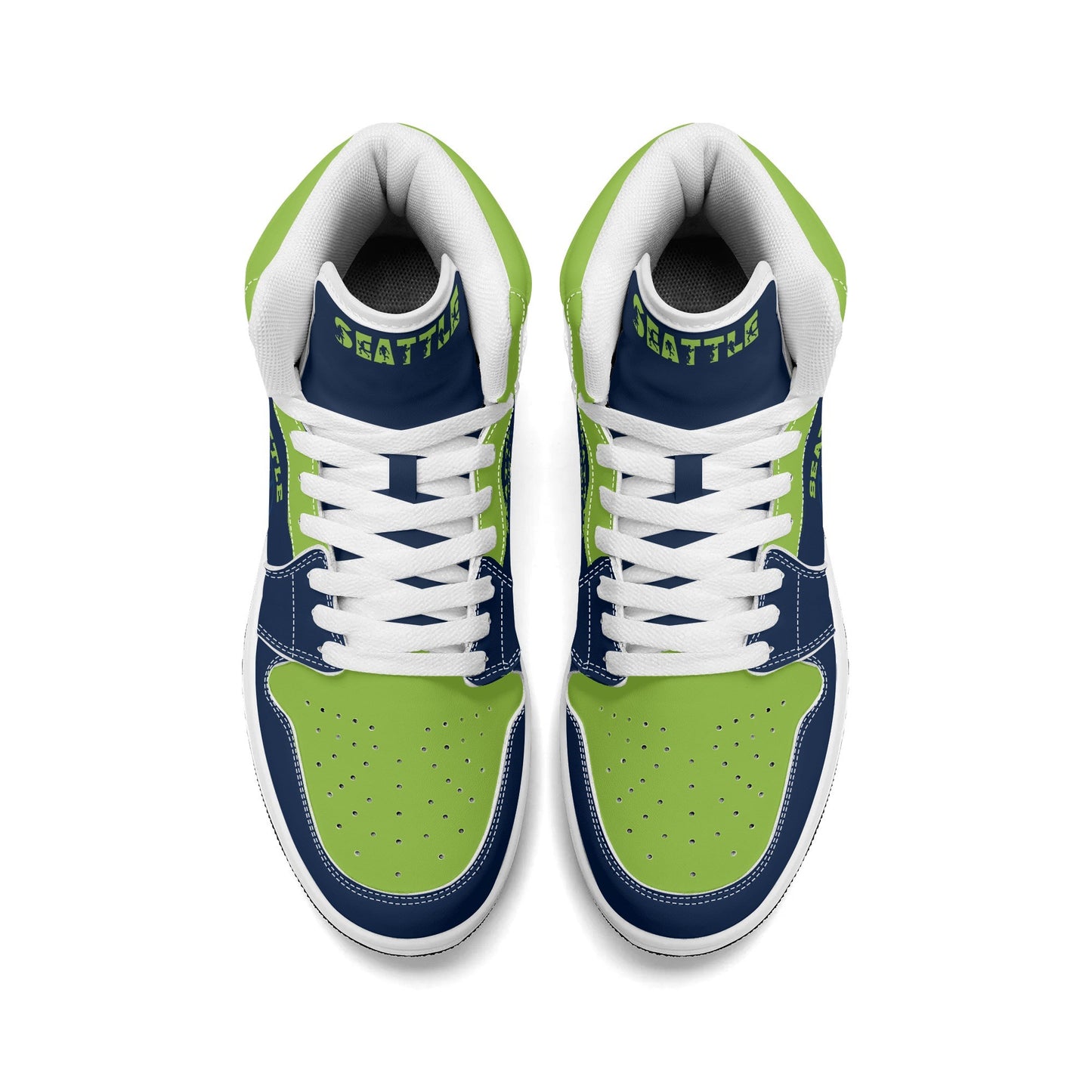 Seattle football-inspired high top sneakers in navy with all-over city graphic printed upper