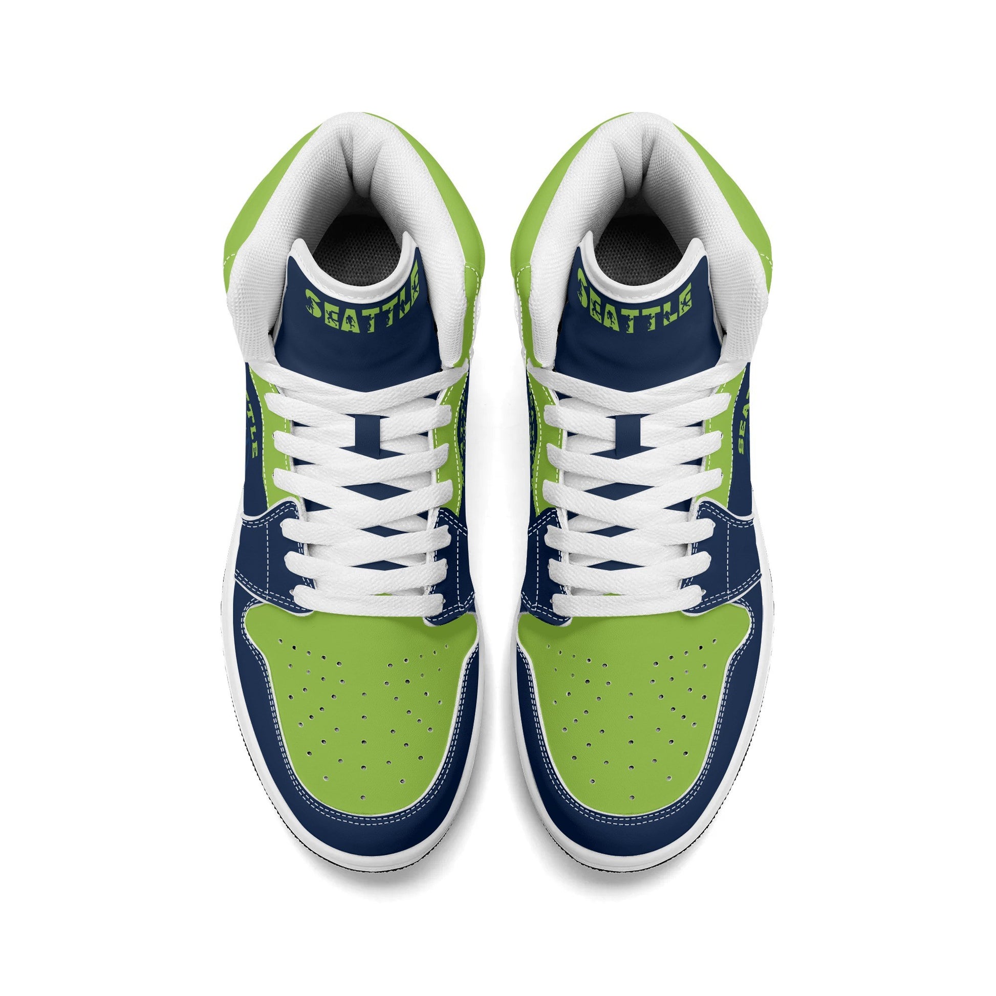 Seattle football-inspired high top sneakers in navy with all-over city graphic printed upper