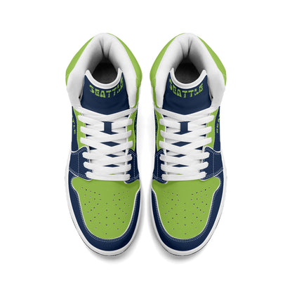 Seattle football-inspired high top sneakers in navy with all-over city graphic printed upper