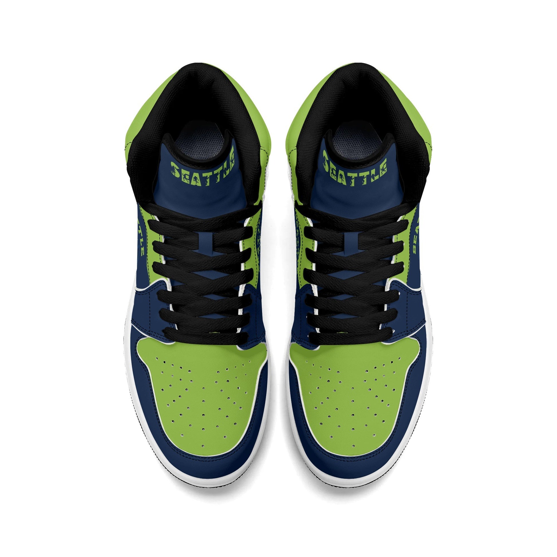 Seattle football-inspired high top sneakers in navy with all-over city graphic printed upper