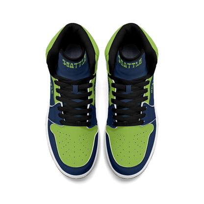 Seattle football-inspired high top sneakers in navy with all-over city graphic printed upper