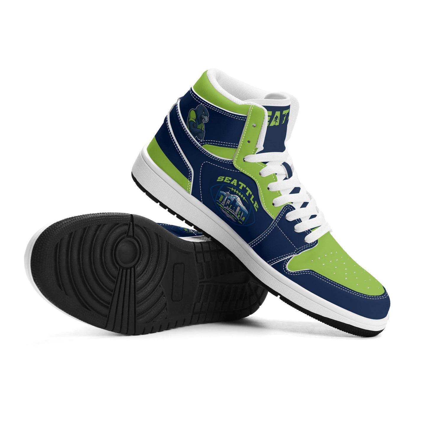 Seattle football-inspired high top sneakers in navy with all-over city graphic printed upper