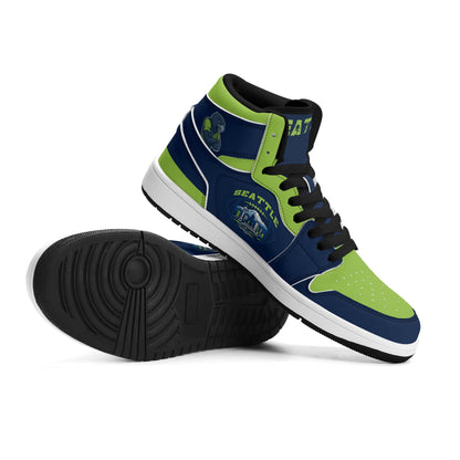 Seattle football-inspired high top sneakers in navy with all-over city graphic printed upper