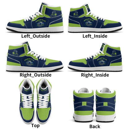 Seattle football-inspired high top sneakers in navy with all-over city graphic printed upper