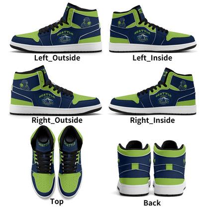 Seattle football-inspired high top sneakers in navy with all-over city graphic printed upper
