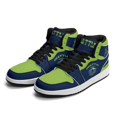 Seattle football-inspired high top sneakers in navy with all-over city graphic printed upper