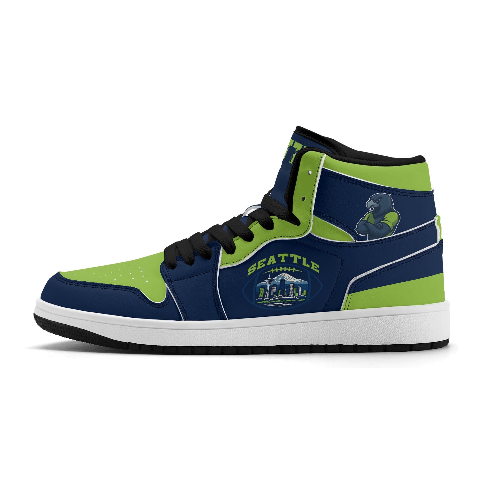 Seattle football-inspired high top sneakers in navy with all-over city graphic printed upper