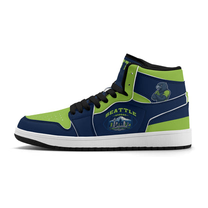 Seattle football-inspired high top sneakers in navy with all-over city graphic printed upper