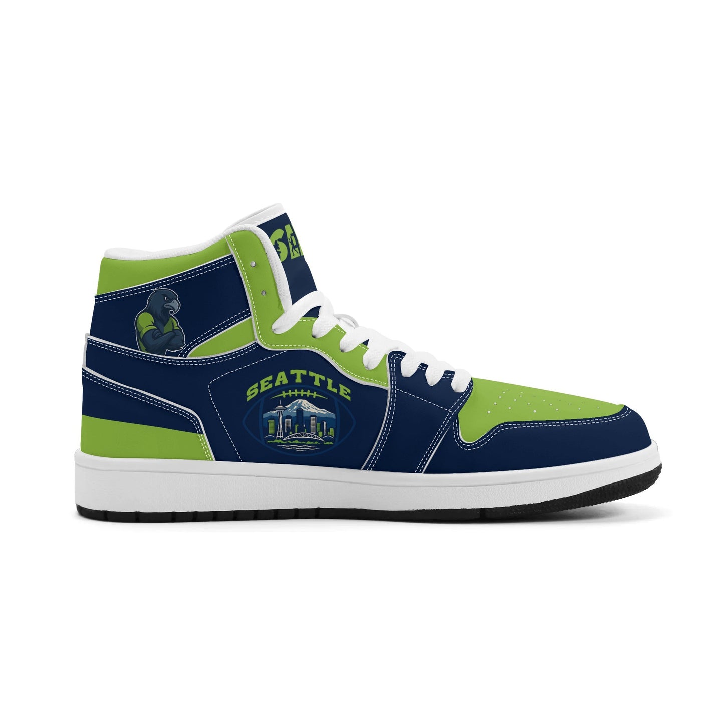 Seattle football-inspired high top sneakers in navy with all-over city graphic printed upper