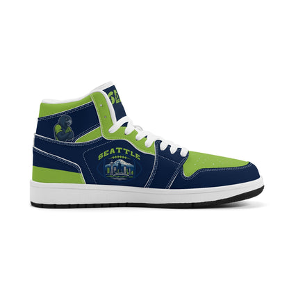 Seattle football-inspired high top sneakers in navy with all-over city graphic printed upper