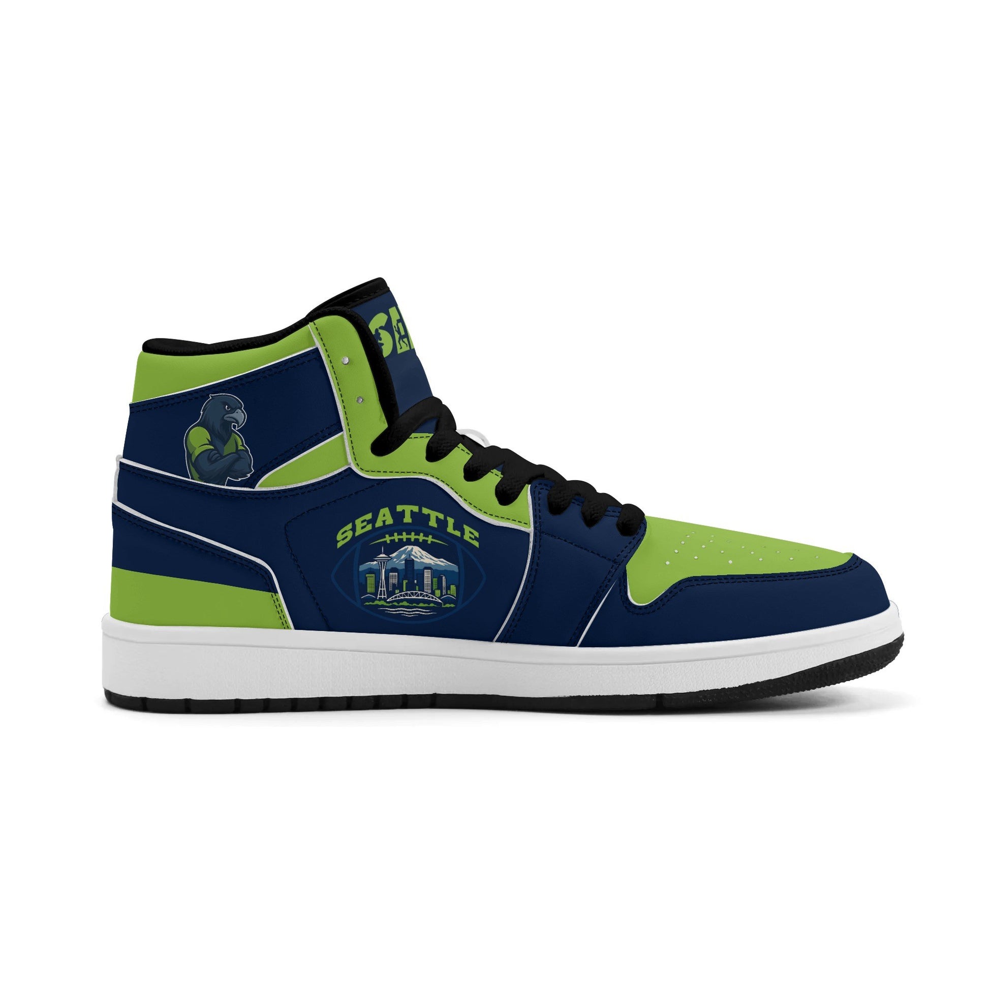 Seattle football-inspired high top sneakers in navy with all-over city graphic printed upper