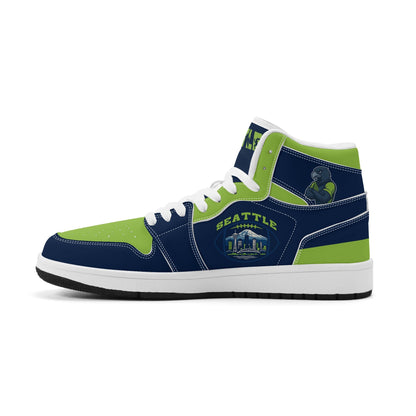 Seattle football-inspired high top sneakers in navy with all-over city graphic printed upper