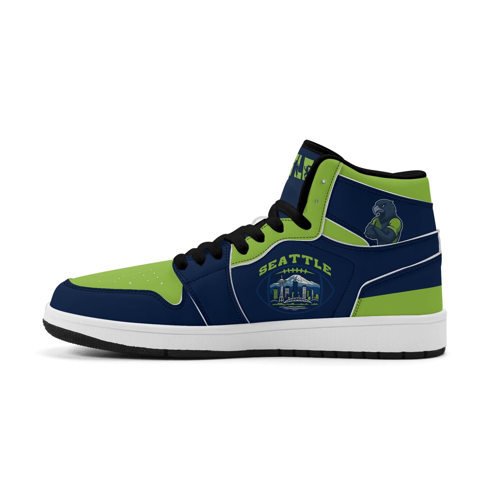 Seattle football-inspired high top sneakers in navy with all-over city graphic printed upper