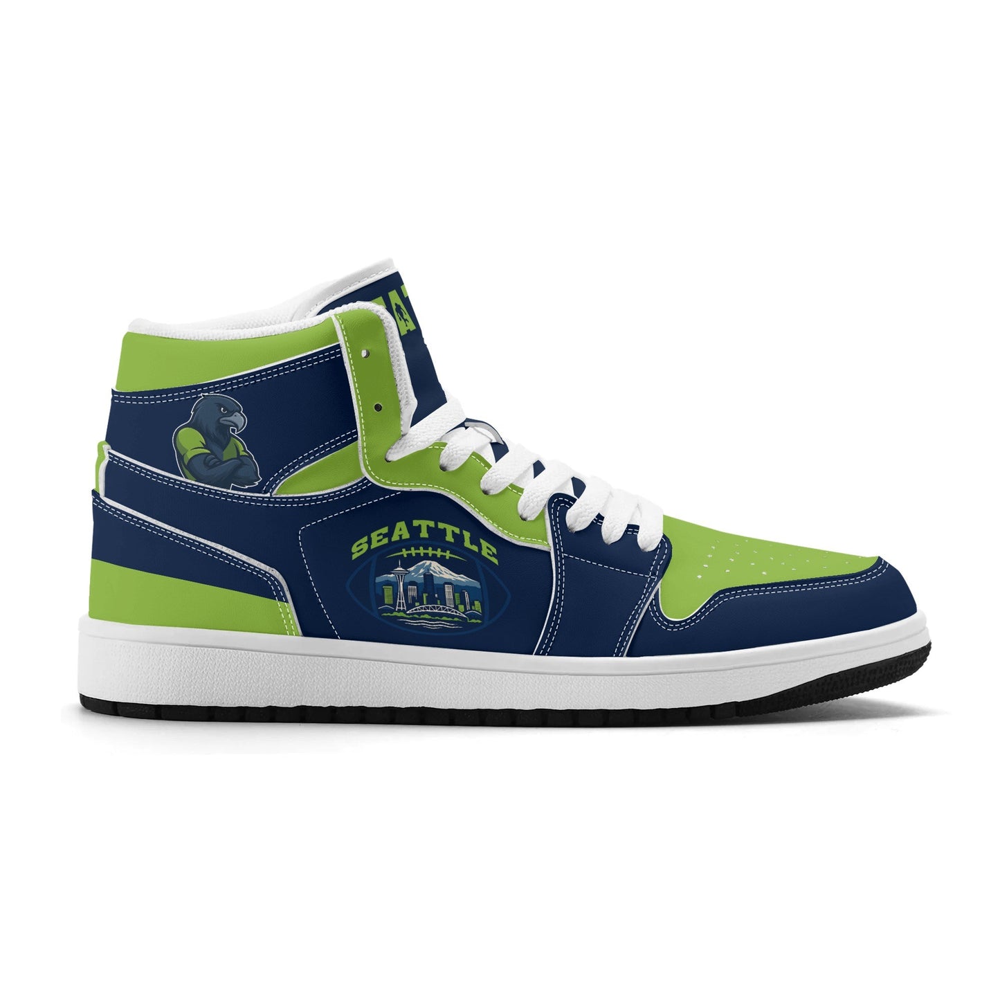 Seattle football-inspired high top sneakers in navy with all-over city graphic printed upper