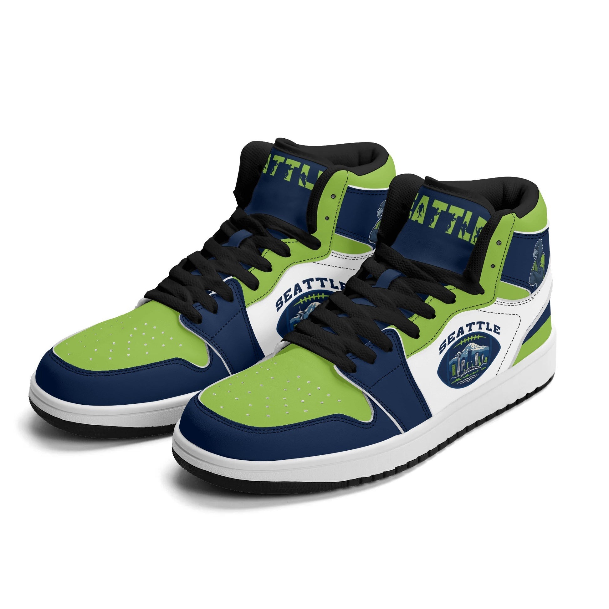Seattle football-inspired high top sneakers with all-over city graphic printed upper