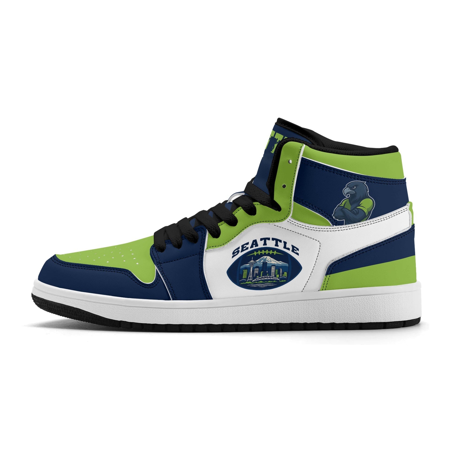 Seattle football-inspired high top sneakers with all-over city graphic printed upper