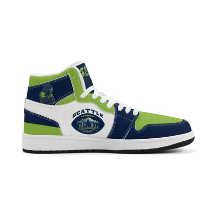 Seattle football-inspired high top sneakers with all-over city graphic printed upper